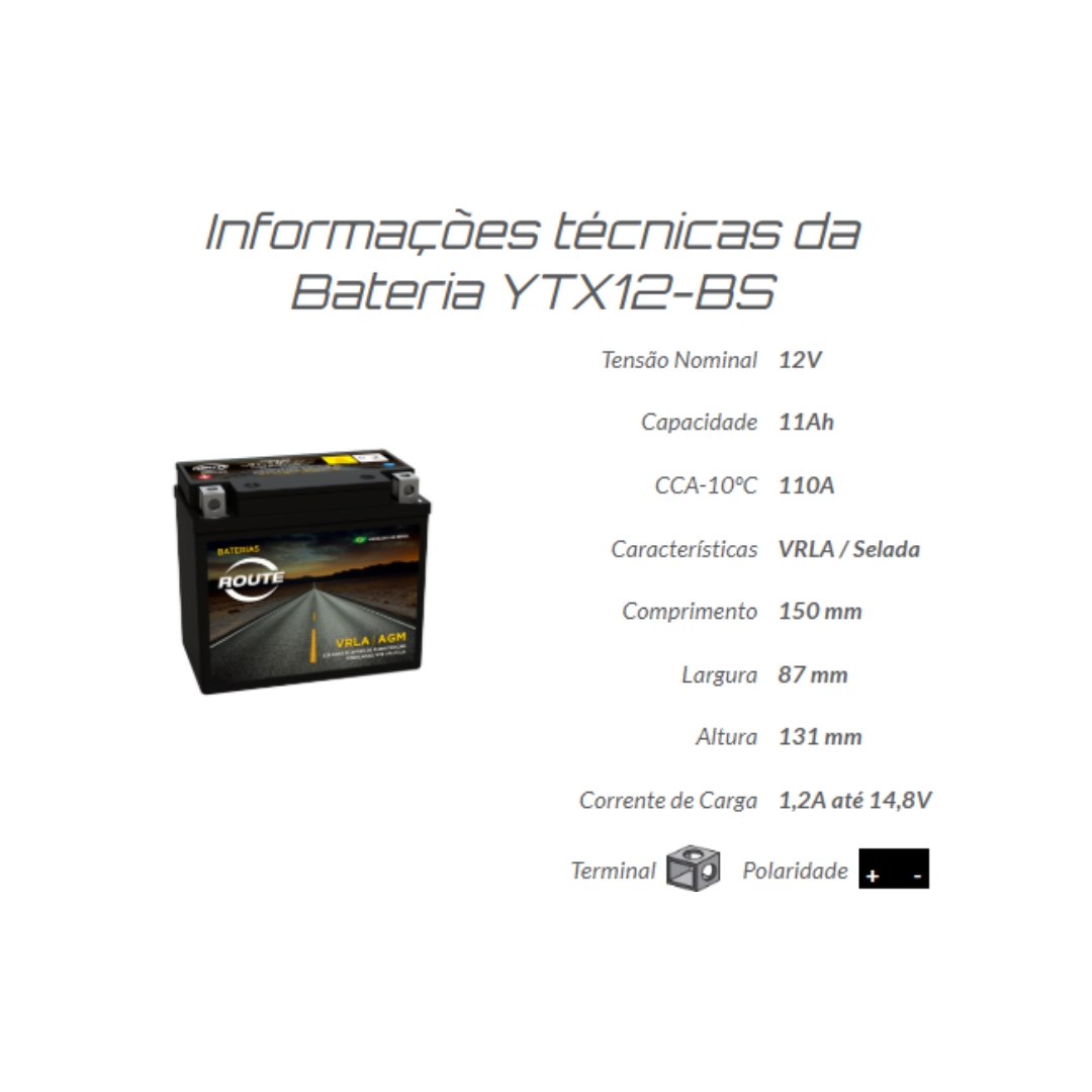Bateria Moto Route Suzuki Dl 650 V-strom - V Strom YTX12-BS Bateria Moto Route Suzuki Dl 650 V-strom - V Strom YTX12-BS