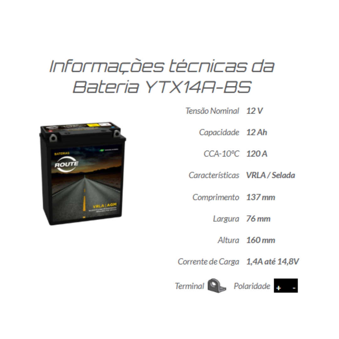 Bateria De Moto YTX14A-BS 12Ah VT 500 C Shadow CB 650 SC Nighthawk Bateria De Moto YTX14A-BS 12Ah VT 500 C Shadow CB 650 SC Nighthawk