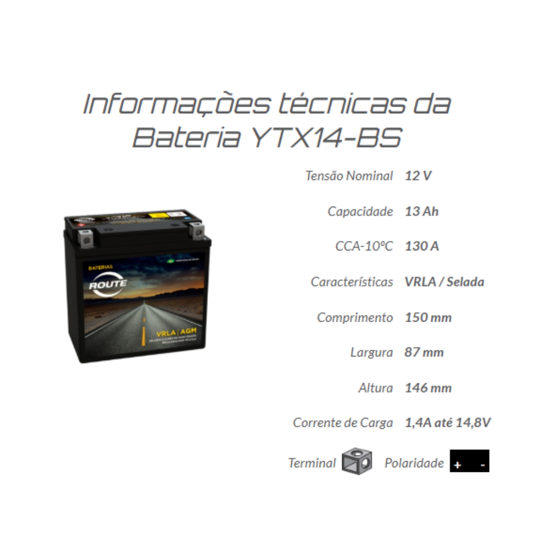 Bateria Route YTX14-BS Moto Kasinski Mirage 250 Gtr Comet 250 C/ Injeção Bateria Route YTX14-BS Moto Kasinski Mirage 250 Gtr Comet 250 C/ Injeção